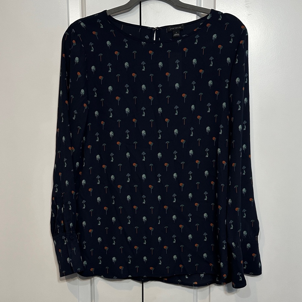 Ann Taylor Dark Blue Blouse with Colorful Pattern